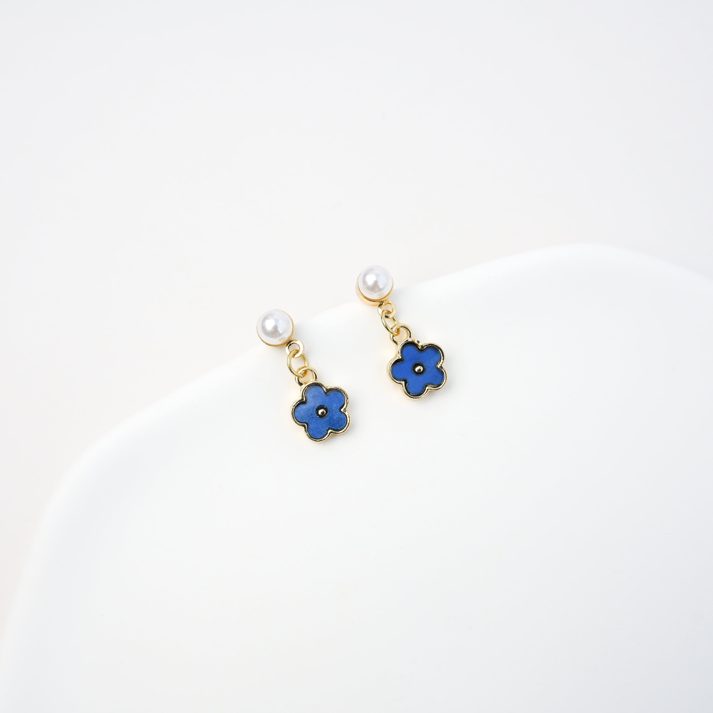 Blue Flower Pearl Drop Earrings - Mini Story Co