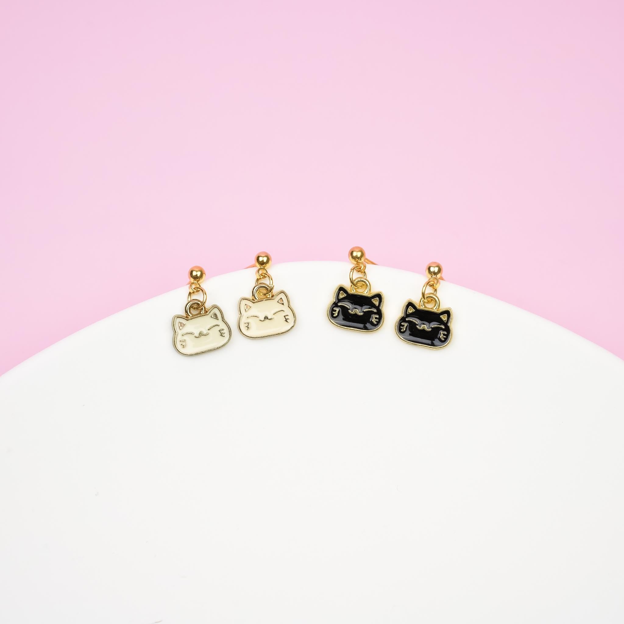 Tiny Black and White Cat Dangle Earrings