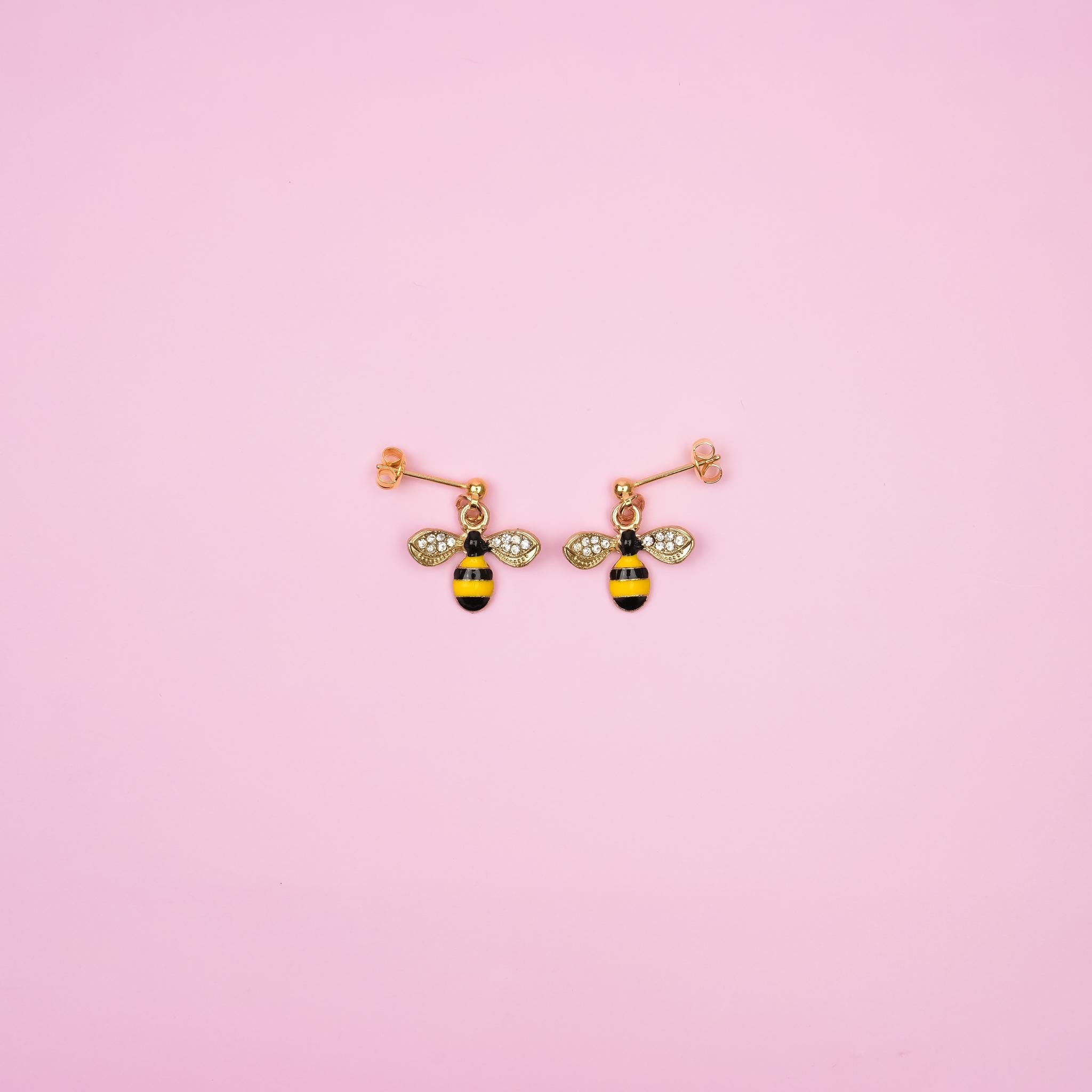 Gold Bumblebee Dangle Earrings | Honey Bee Earrings | Cute Insect Dangly | Ball Stud Drop Earring | 18k Gold Jewelry | Cottagecore Accessory