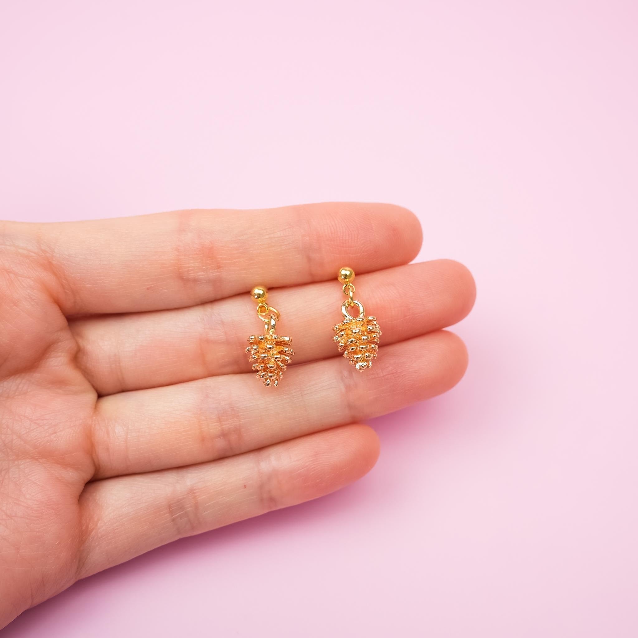 Gold Pinecone Dangle Earrings | Pine Cone Holiday Earrings | Dainty Fall Winter Dangly | Ball Stud Drop Earring | Festive Christmas Jewelry