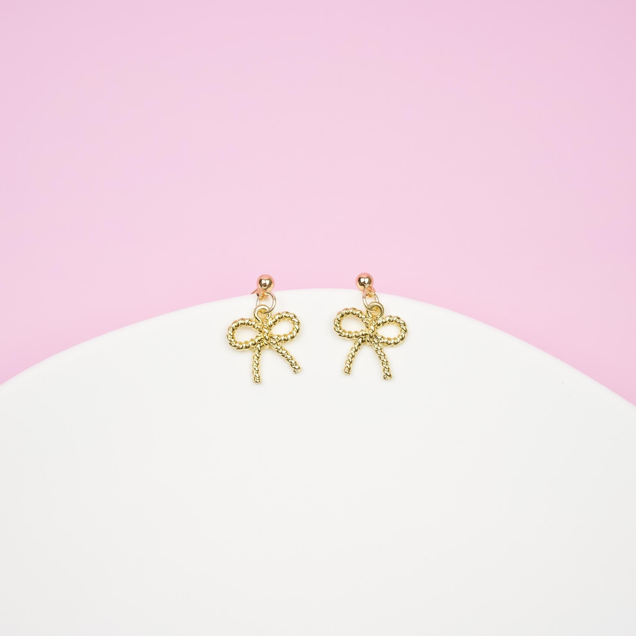 Gold Bow Dangle Earrings | Dainty Ribbon Bowknot Earrings | Shiny Aesthetic Dangly | Minimalist Drop Earrings | Bridesmaid Gift for Her