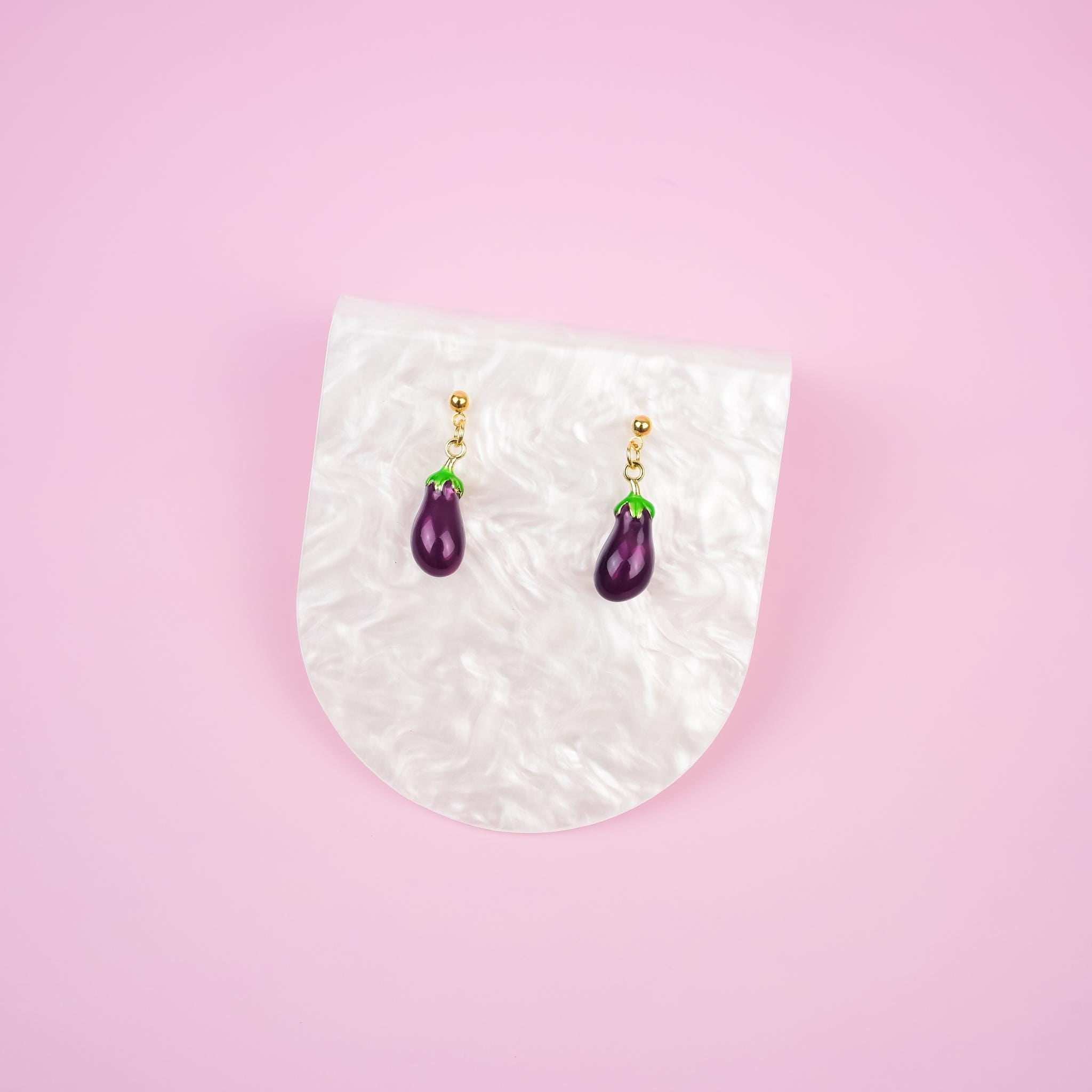 Eggplant Dangle Earrings | Gold Dainty Purple Eggplant Earrings | Miniature Food Dangly | Aubergine Vegetable Jewelry | Vegan&