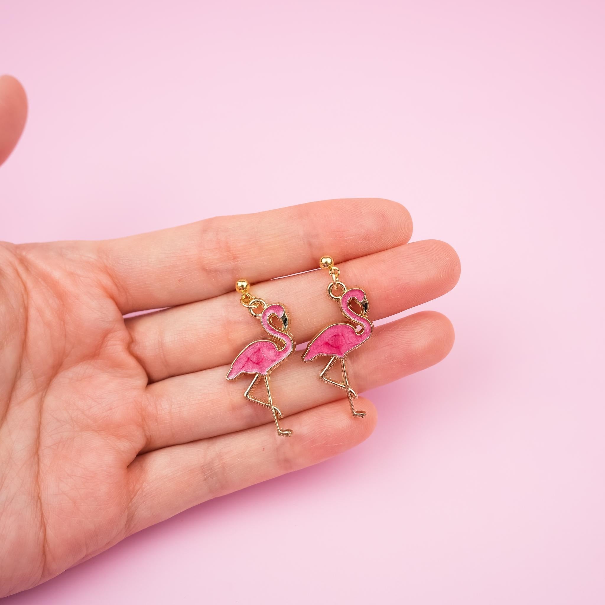 Pink Flamingo Dangle Earrings | Nature Inspired Animal Earrings | Tropical Bird Dangly | Boho Chic Drop Earrings | 18k Gold Jewelry