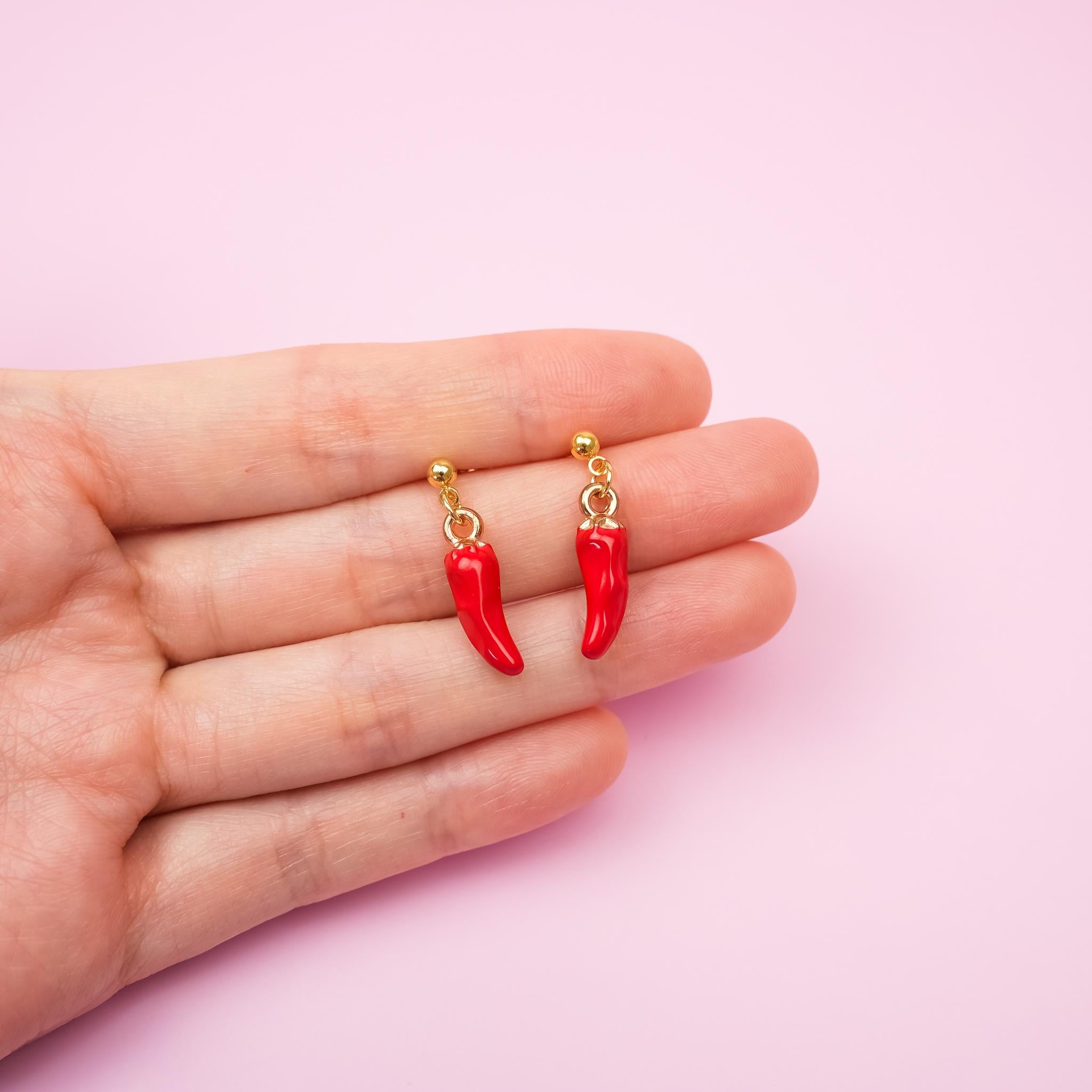 Red Chilli Pepper Dangle Earrings | Hot Chili Pepper Jewelry | Handmade Spicy Food Dangly | 18k Gold Earrings | Gift for Spice Lovers