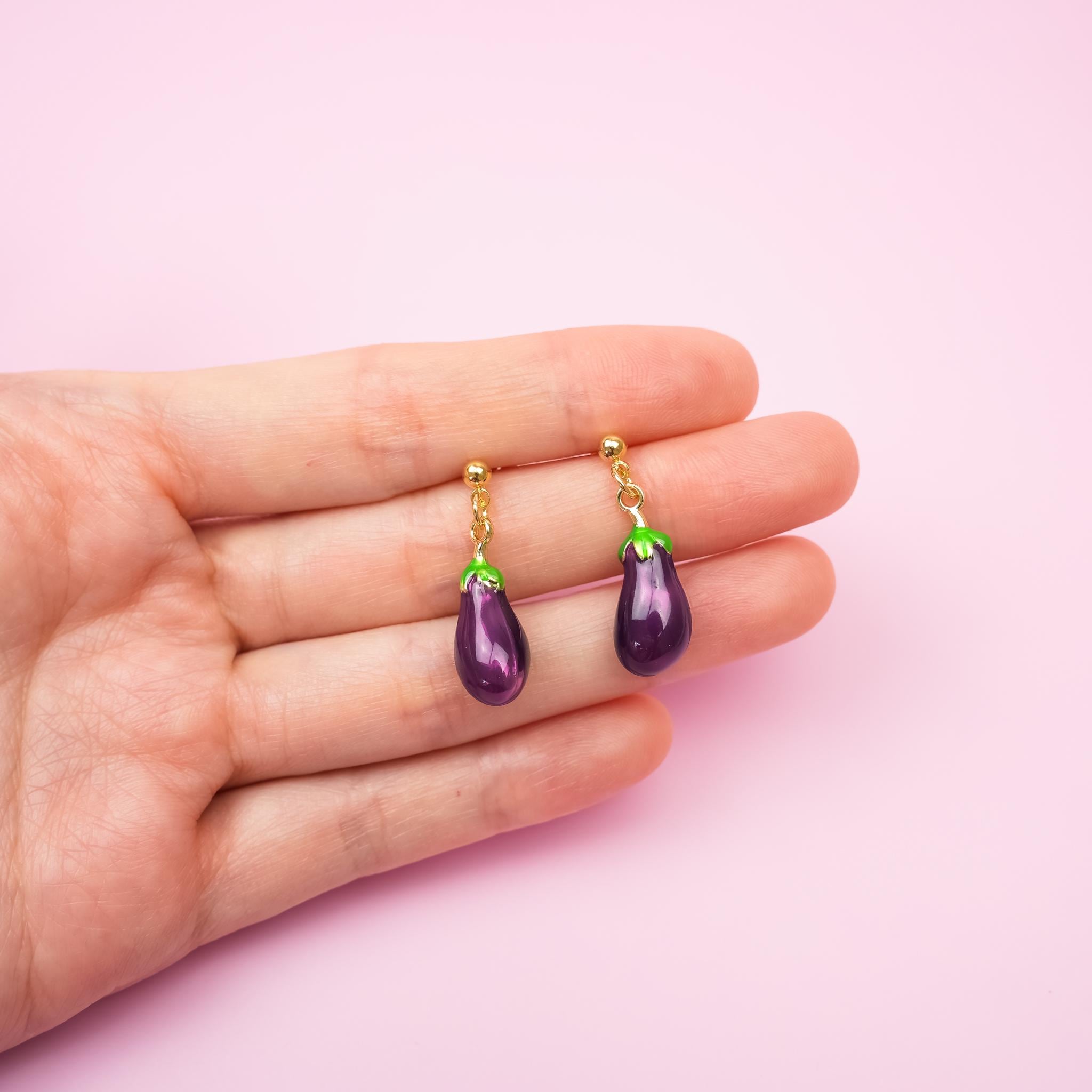Eggplant Dangle Earrings | Gold Dainty Purple Eggplant Earrings | Miniature Food Dangly | Aubergine Vegetable Jewelry | Vegan&