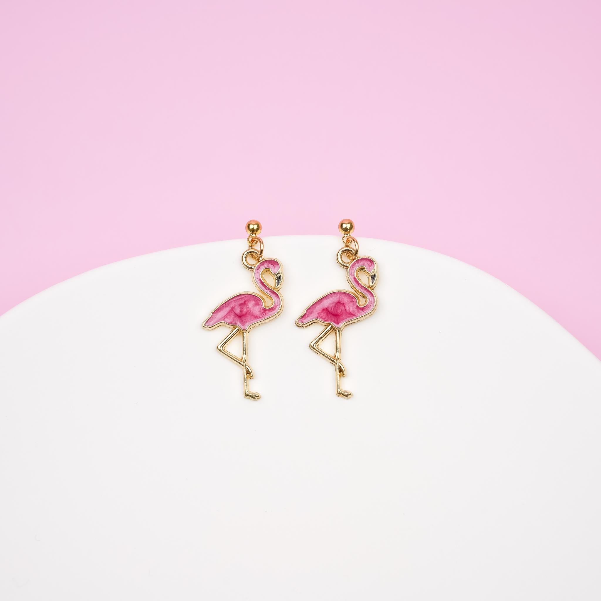 Pink Flamingo Dangle Earrings | Nature Inspired Animal Earrings | Tropical Bird Dangly | Boho Chic Drop Earrings | 18k Gold Jewelry