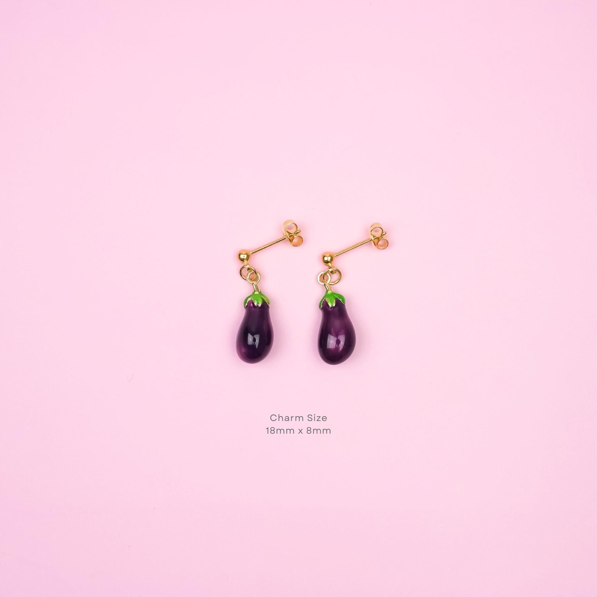 Eggplant Dangle Earrings | Gold Dainty Purple Eggplant Earrings | Miniature Food Dangly | Aubergine Vegetable Jewelry | Vegan&