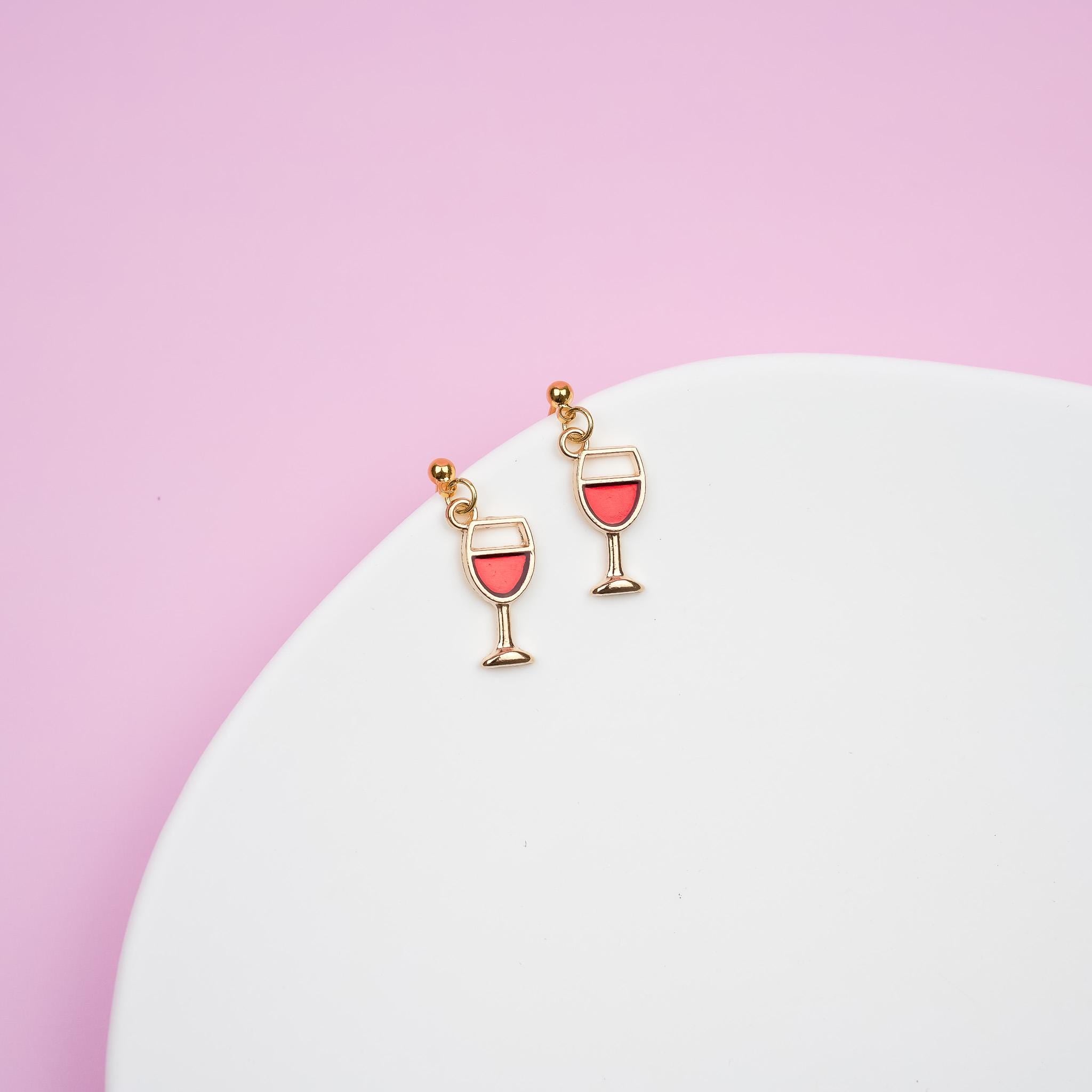 Gold Red Wine Dangle Earrings | Wine Glass Drop Earrings | Dainty Glass of Wine Dangly | Wine Lover&