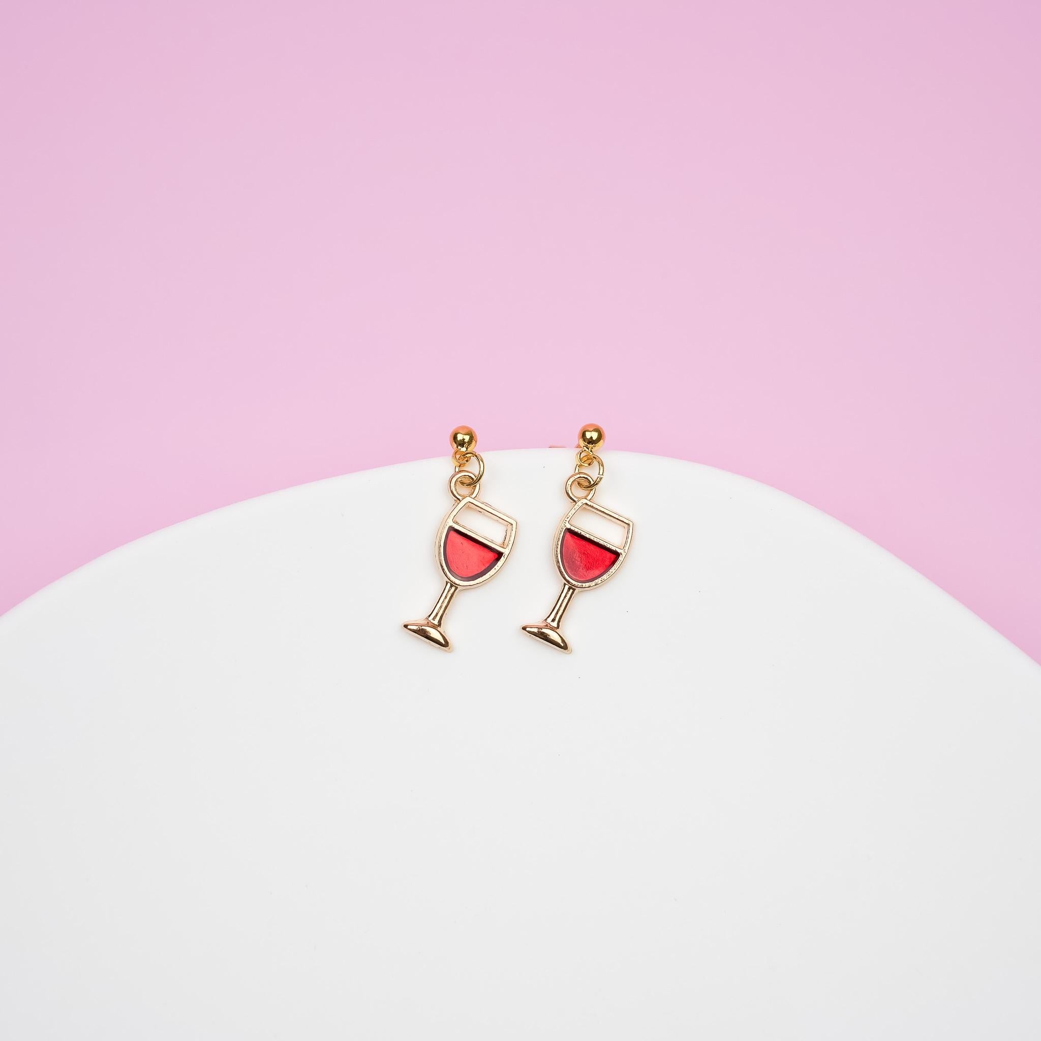 Gold Red Wine Dangle Earrings | Wine Glass Drop Earrings | Dainty Glass of Wine Dangly | Wine Lover&