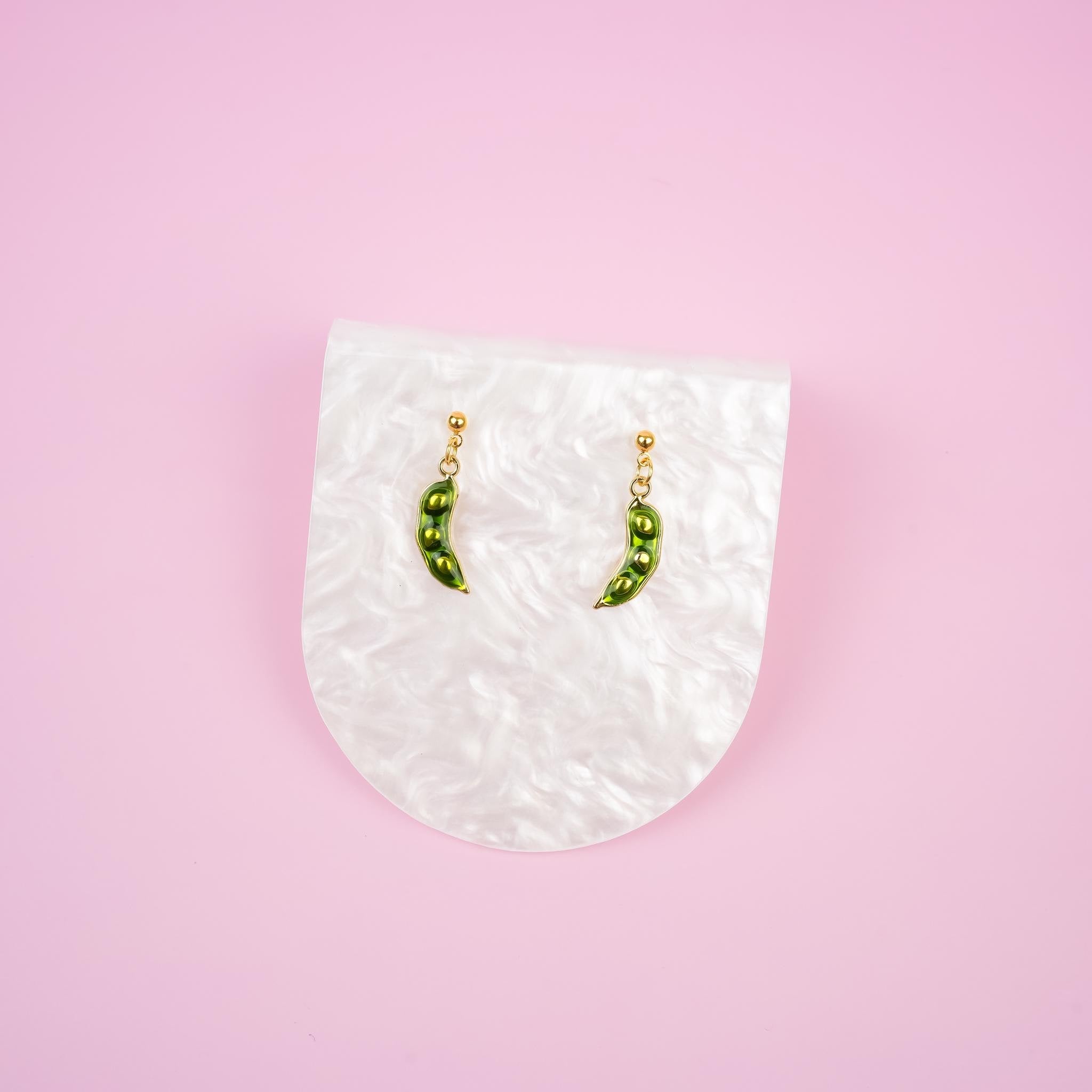 Green Snow Pea Dangle Earrings | Gold Sugar Snap Pea Drop Earrings | Dainty Vegetable Dangly | Fun Garden Earring | Vegan&