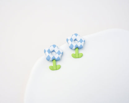 Blue Checkerboard Flower Stud Earrings - Mini Story Co