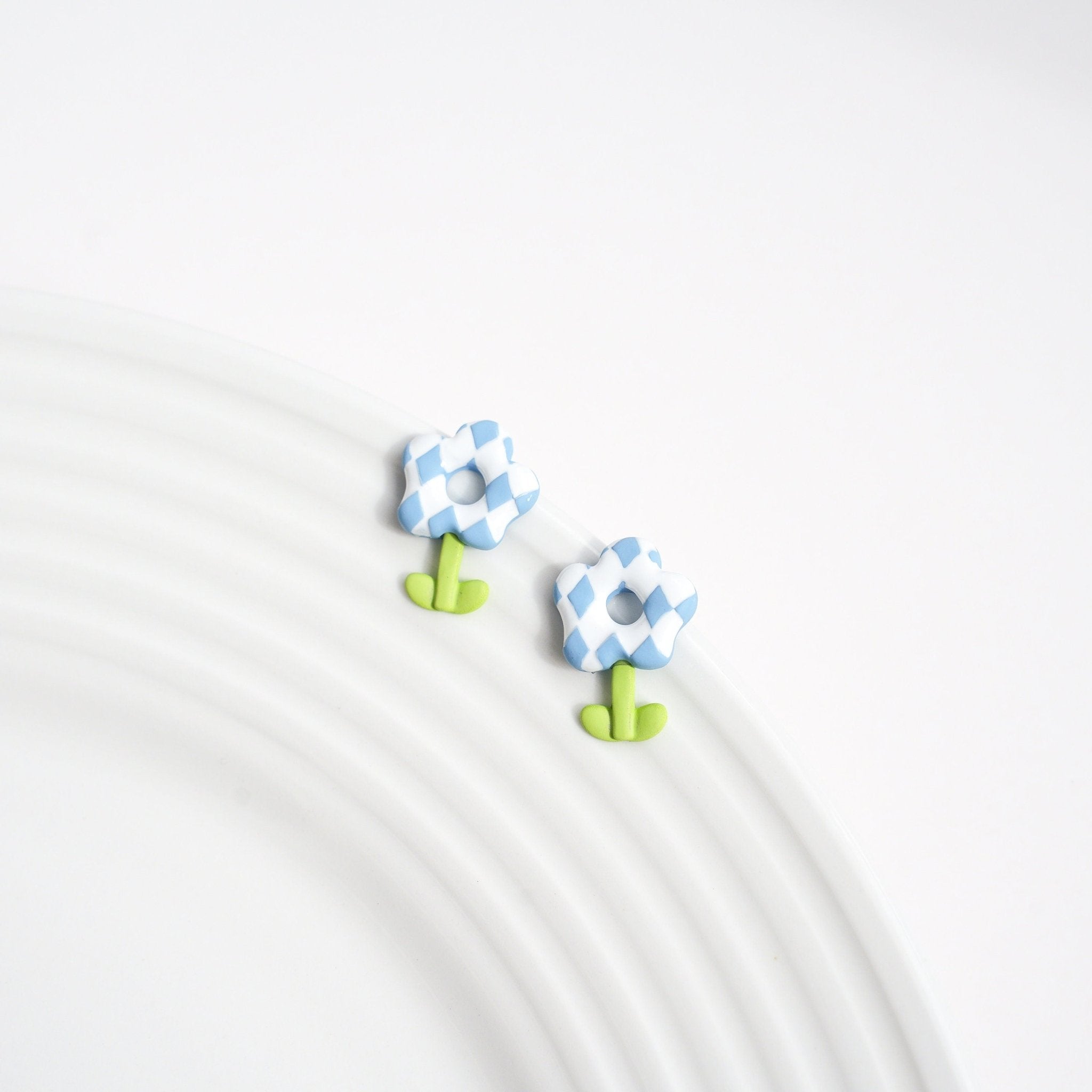 Blue Checkerboard Flower Stud Earrings - Mini Story Co