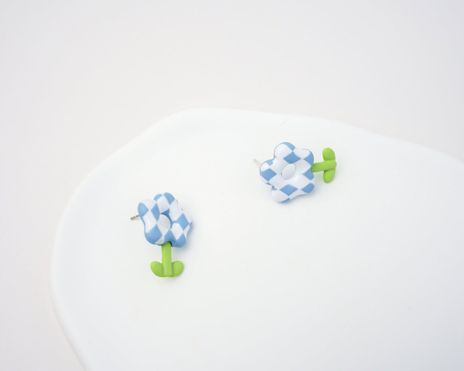 Blue Checkerboard Flower Stud Earrings - Mini Story Co