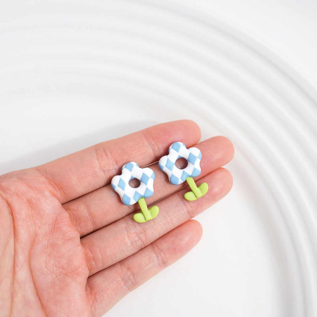 Blue Checkerboard Flower Stud Earrings - Mini Story Co