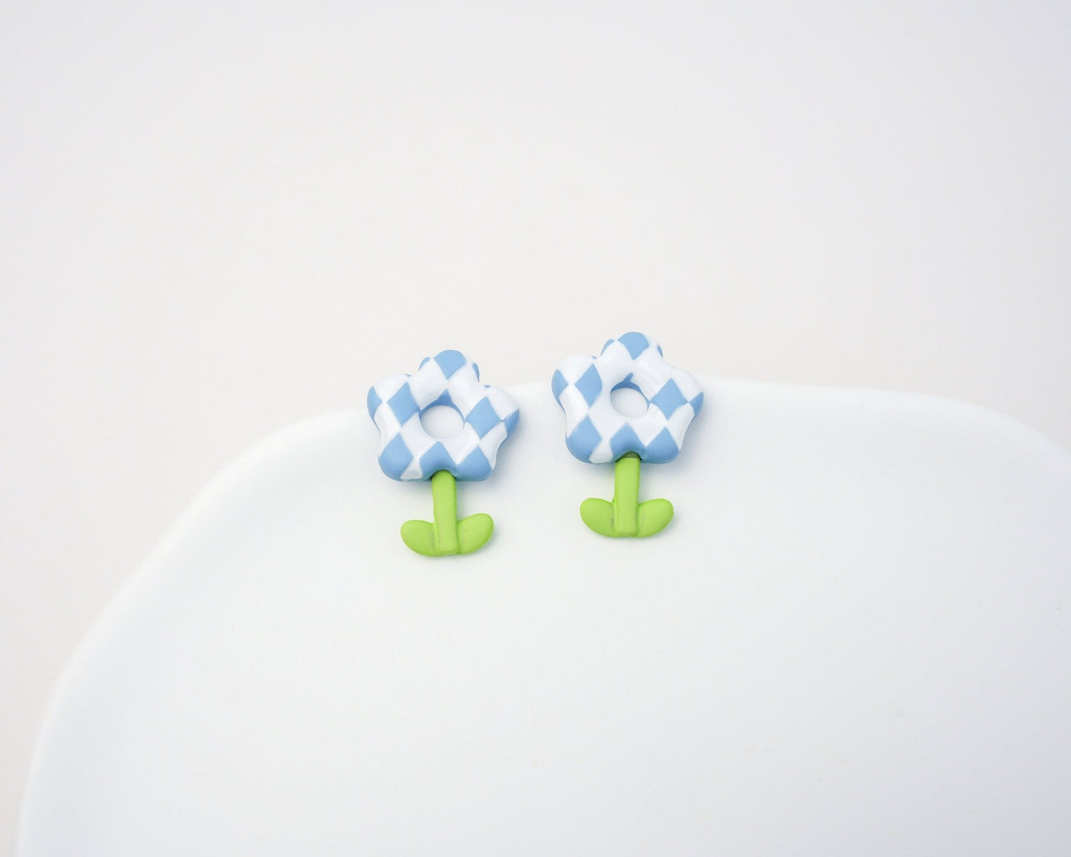 Blue Checkerboard Flower Stud Earrings - Mini Story Co