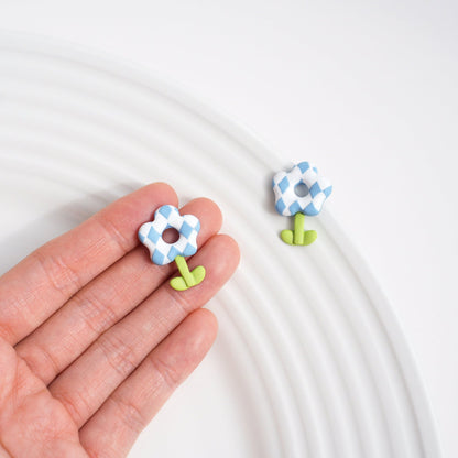 Blue Checkerboard Flower Stud Earrings - Mini Story Co