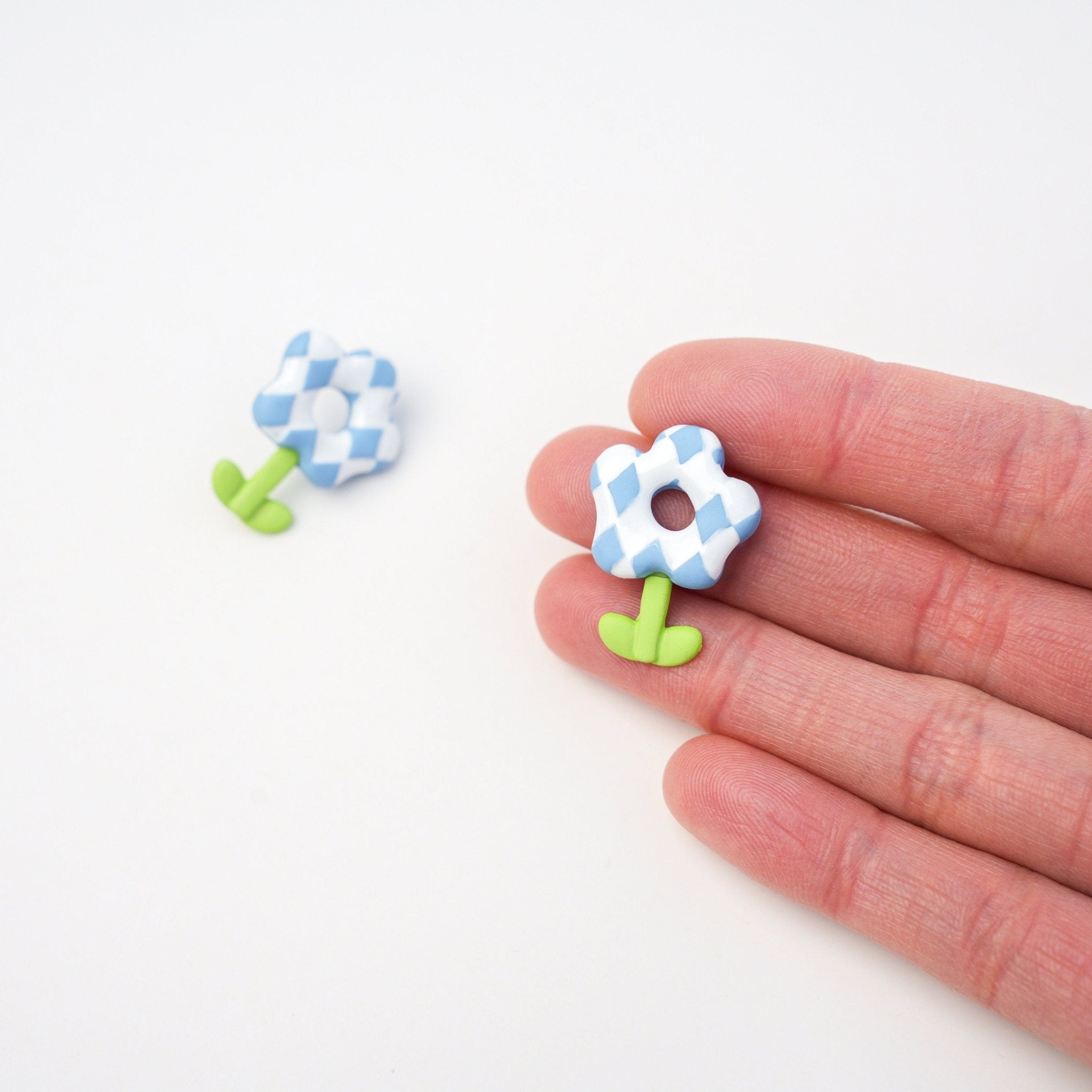 Blue Checkerboard Flower Stud Earrings - Mini Story Co