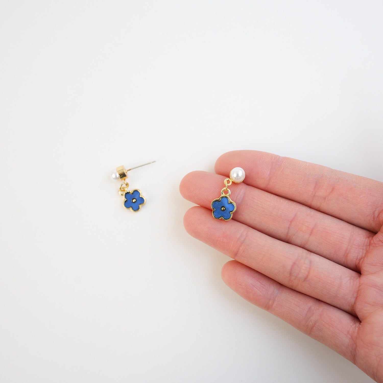 Blue Flower Pearl Drop Earrings