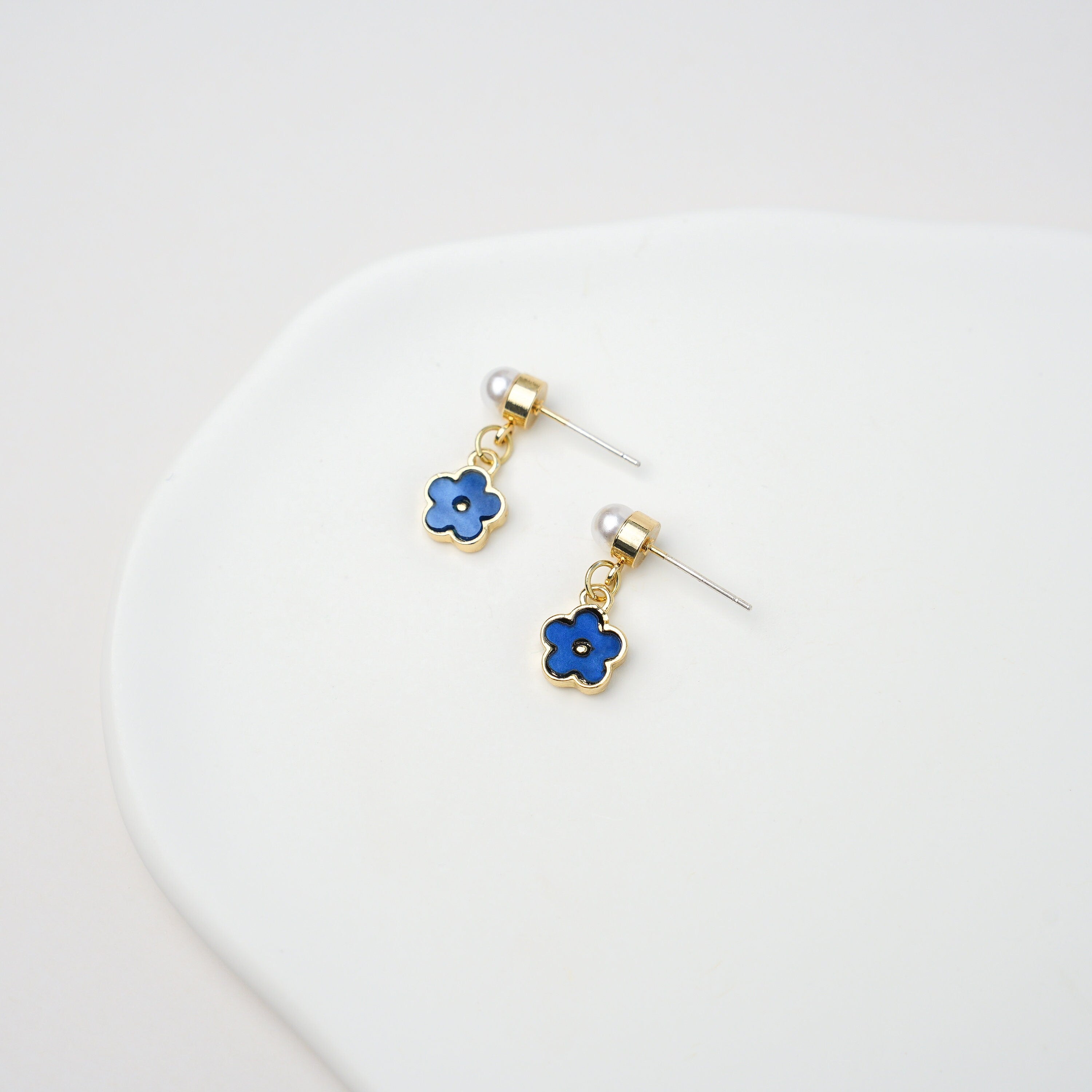 Blue Flower Pearl Drop Earrings