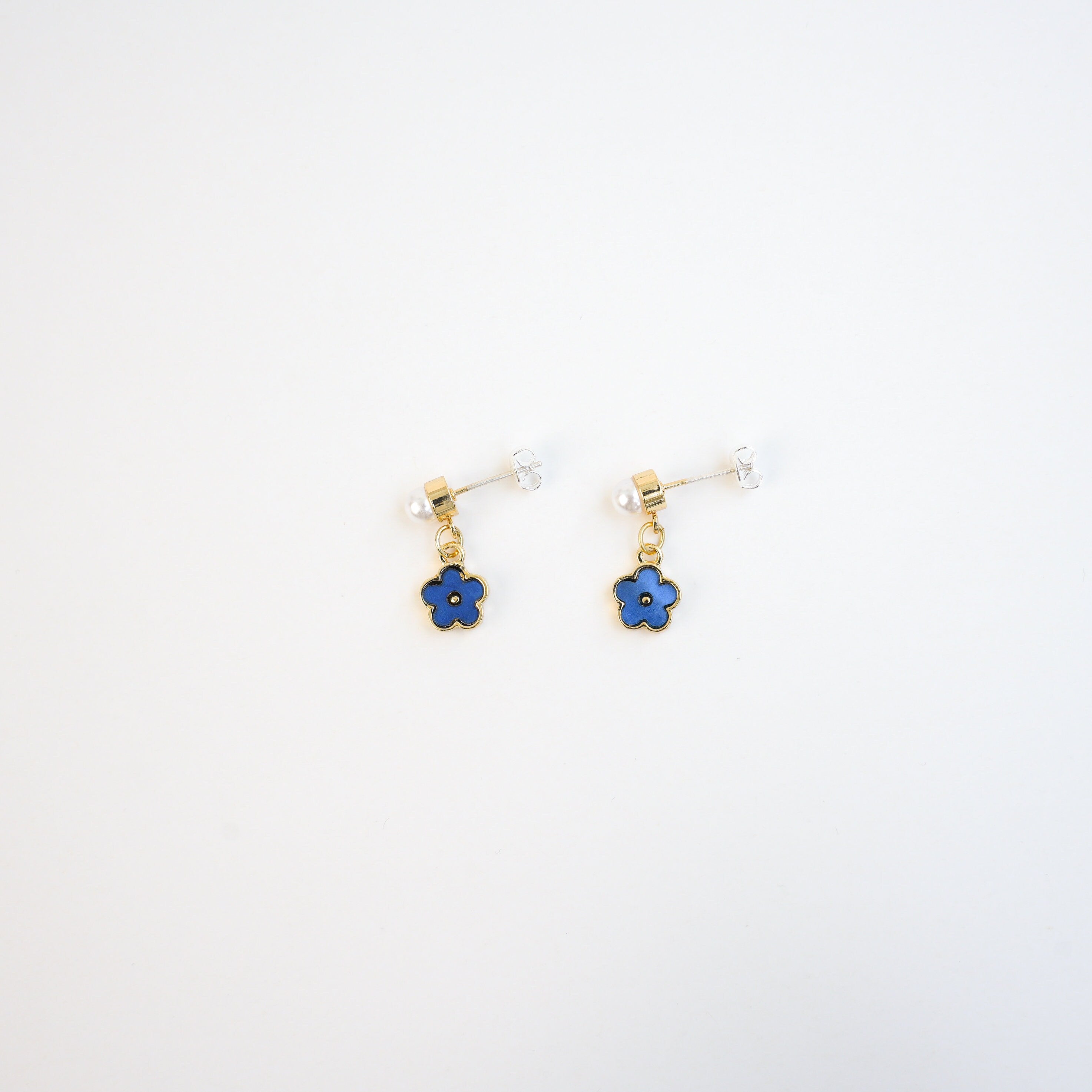 Blue Flower Pearl Drop Earrings