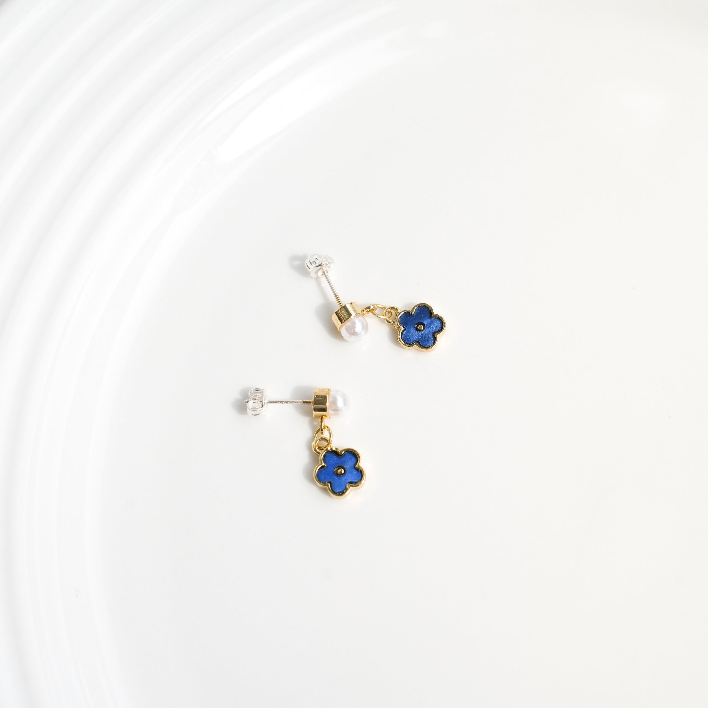 Blue Flower Pearl Drop Earrings