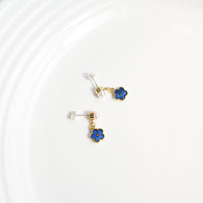 Blue Flower Pearl Drop Earrings