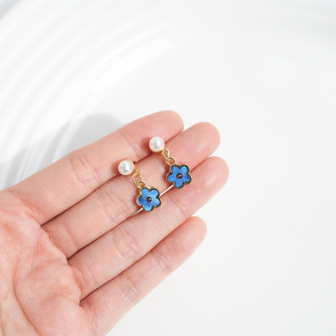 Blue Flower Pearl Drop Earrings