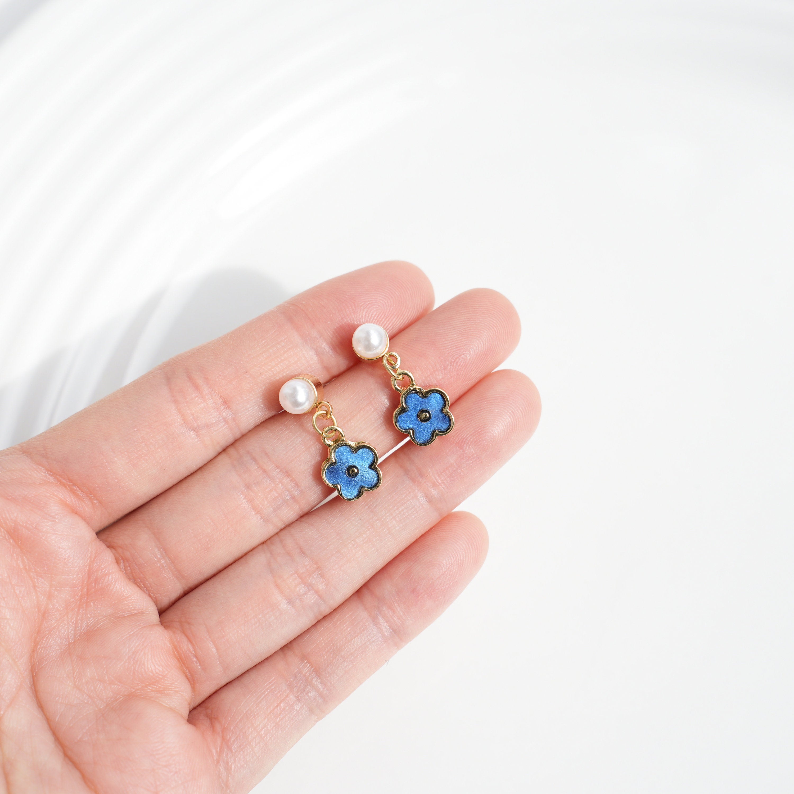 Blue Flower Pearl Drop Earrings