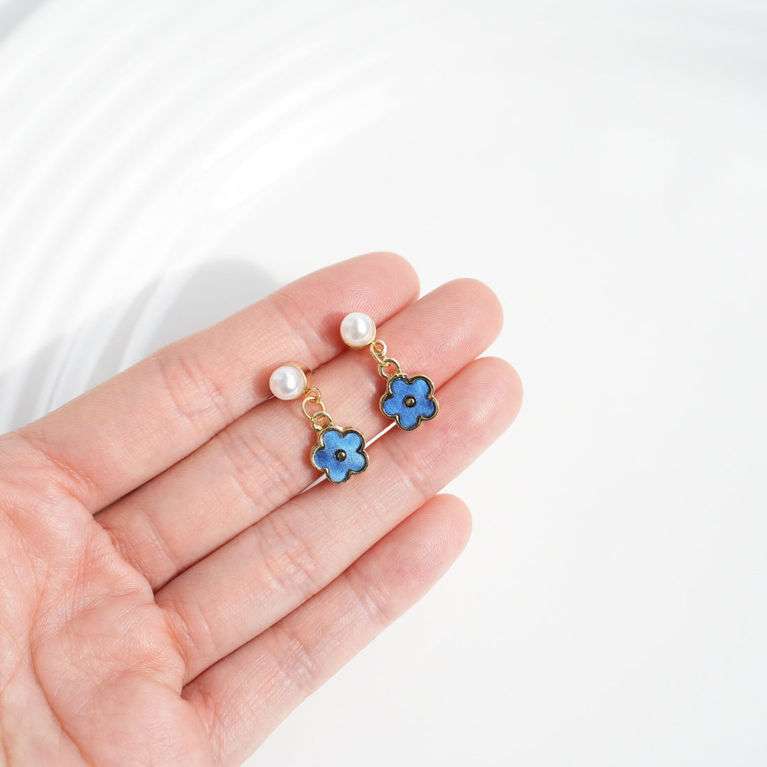 Blue Flower Pearl Drop Earrings