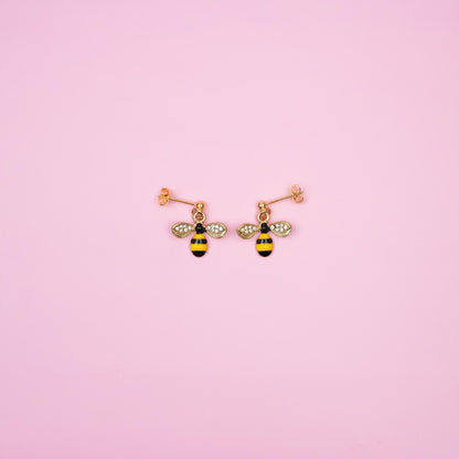 Gold Bumblebee Dangle Earrings | Honey Bee Earrings | Cute Insect Dangly | Ball Stud Drop Earring | 18k Gold Jewelry | Cottagecore Accessory
