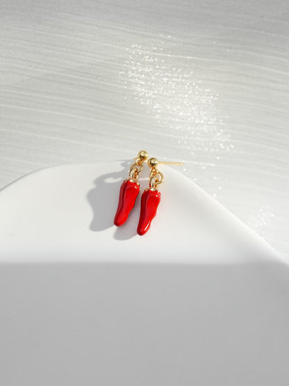 Red Chilli Pepper Dangle Earrings | Hot Chili Pepper Jewelry | Handmade Spicy Food Dangly | 18k Gold Earrings | Gift for Spice Lovers