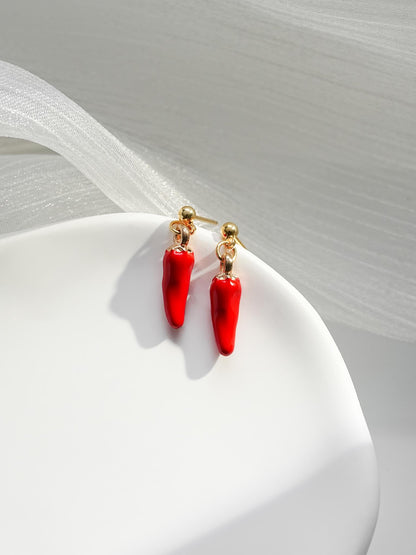 Red Chilli Pepper Dangle Earrings | Hot Chili Pepper Jewelry | Handmade Spicy Food Dangly | 18k Gold Earrings | Gift for Spice Lovers