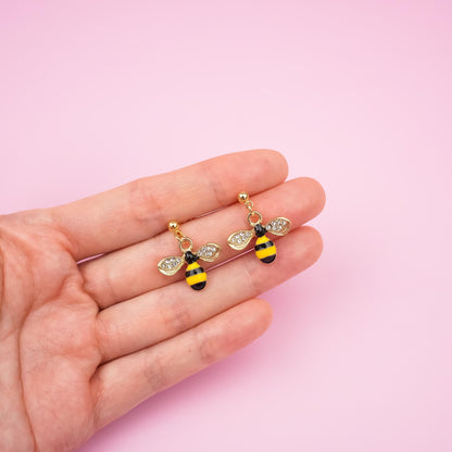Gold Bumblebee Dangle Earrings | Honey Bee Earrings | Cute Insect Dangly | Ball Stud Drop Earring | 18k Gold Jewelry | Cottagecore Accessory