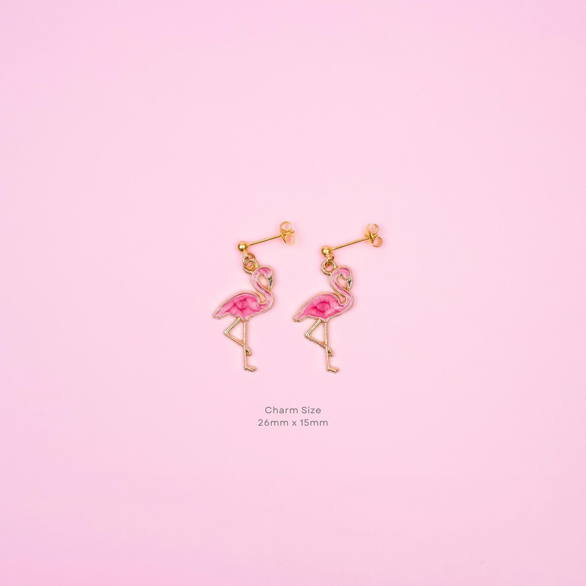 Pink Flamingo Dangle Earrings | Nature Inspired Animal Earrings | Tropical Bird Dangly | Boho Chic Drop Earrings | 18k Gold Jewelry