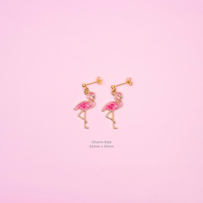 Pink Flamingo Dangle Earrings | Nature Inspired Animal Earrings | Tropical Bird Dangly | Boho Chic Drop Earrings | 18k Gold Jewelry