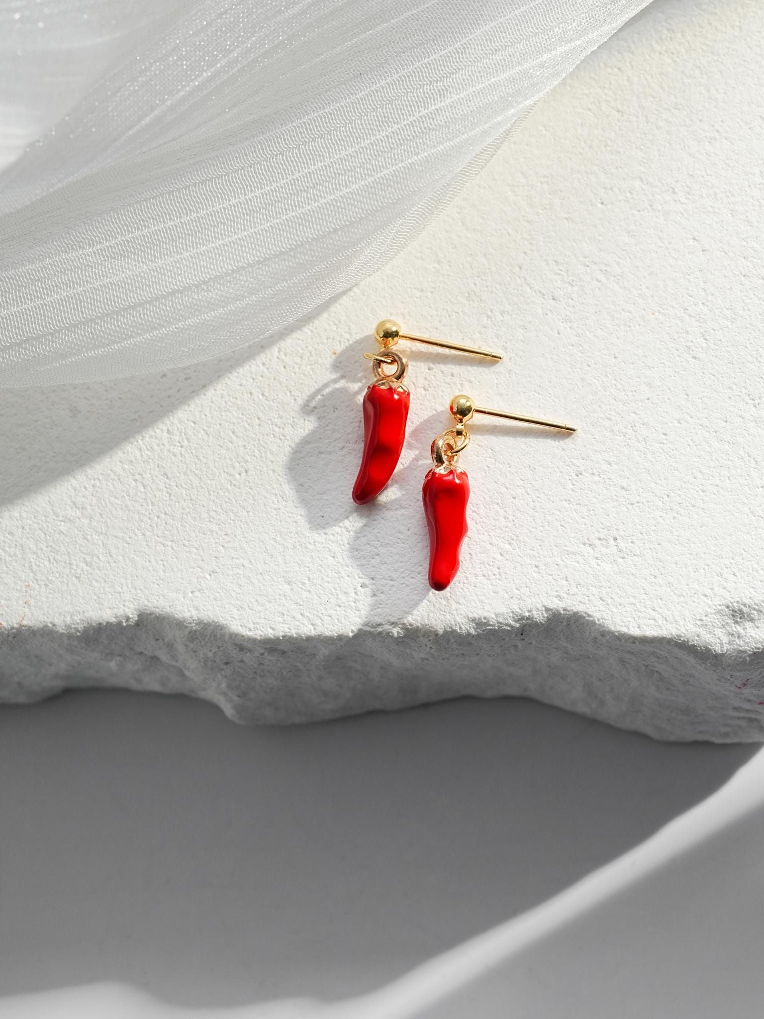 Red Chilli Pepper Dangle Earrings | Hot Chili Pepper Jewelry | Handmade Spicy Food Dangly | 18k Gold Earrings | Gift for Spice Lovers