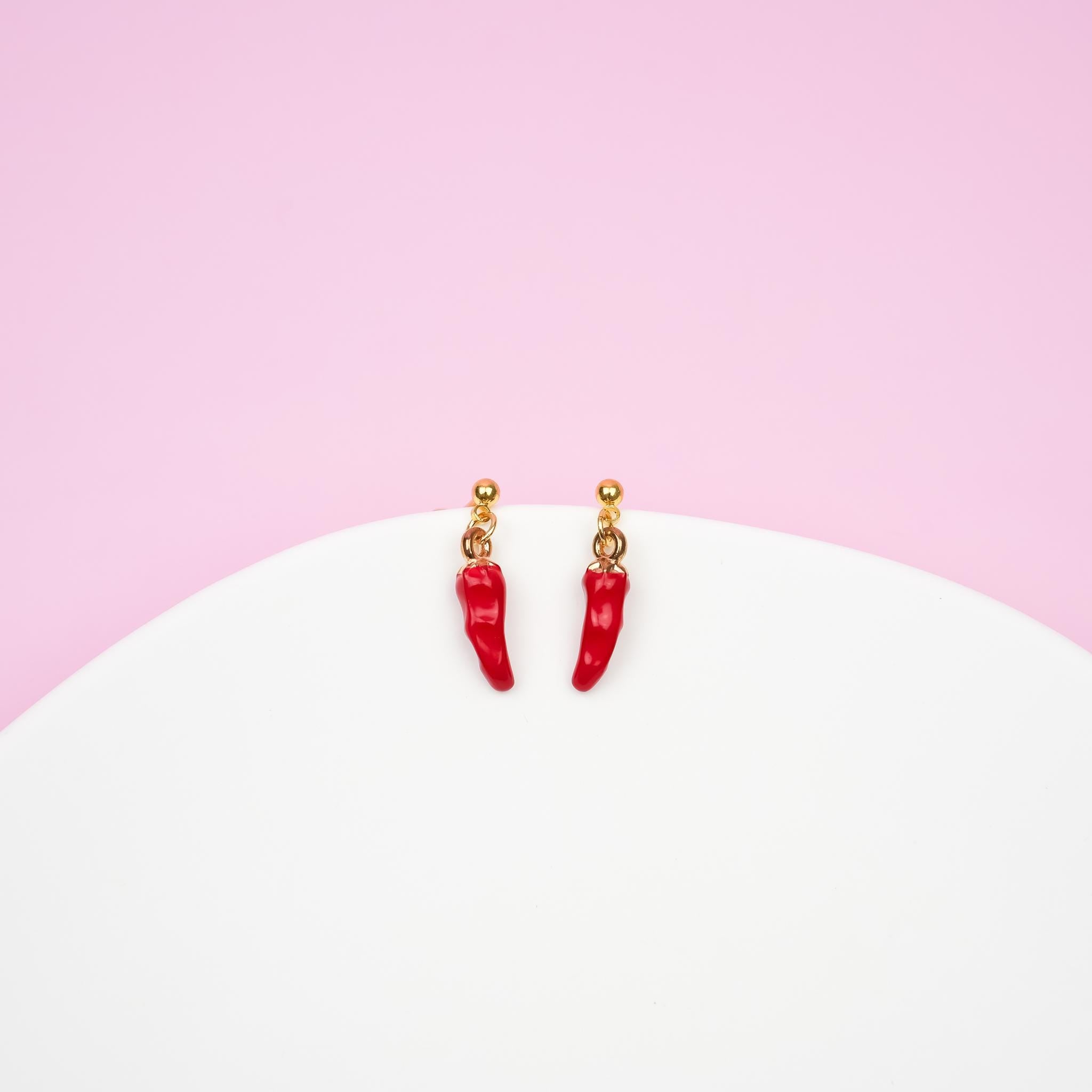 Red Chilli Pepper Dangle Earrings | Hot Chili Pepper Jewelry | Handmade Spicy Food Dangly | 18k Gold Earrings | Gift for Spice Lovers