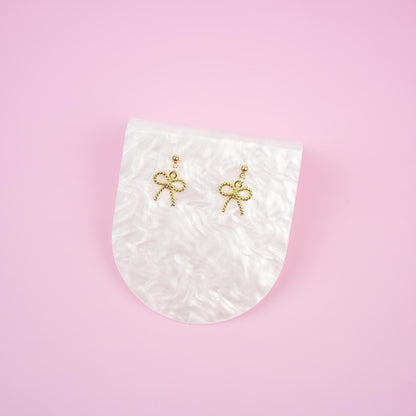 Gold Bow Dangle Earrings | Dainty Ribbon Bowknot Earrings | Shiny Aesthetic Dangly | Minimalist Drop Earrings | Bridesmaid Gift for Her