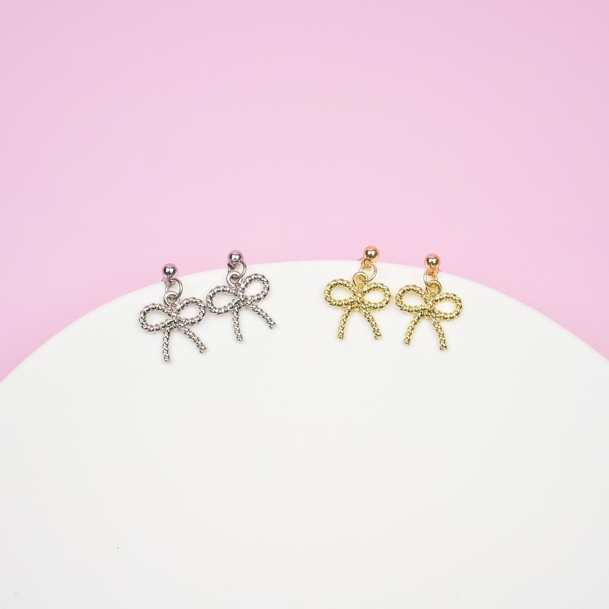 Gold Bow Dangle Earrings | Dainty Ribbon Bowknot Earrings | Shiny Aesthetic Dangly | Minimalist Drop Earrings | Bridesmaid Gift for Her