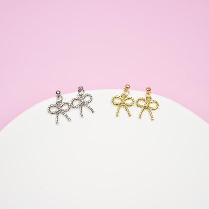 Gold Bow Dangle Earrings | Dainty Ribbon Bowknot Earrings | Shiny Aesthetic Dangly | Minimalist Drop Earrings | Bridesmaid Gift for Her
