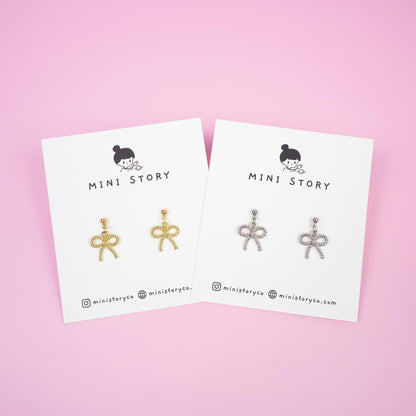 Gold Bow Dangle Earrings | Dainty Ribbon Bowknot Earrings | Shiny Aesthetic Dangly | Minimalist Drop Earrings | Bridesmaid Gift for Her