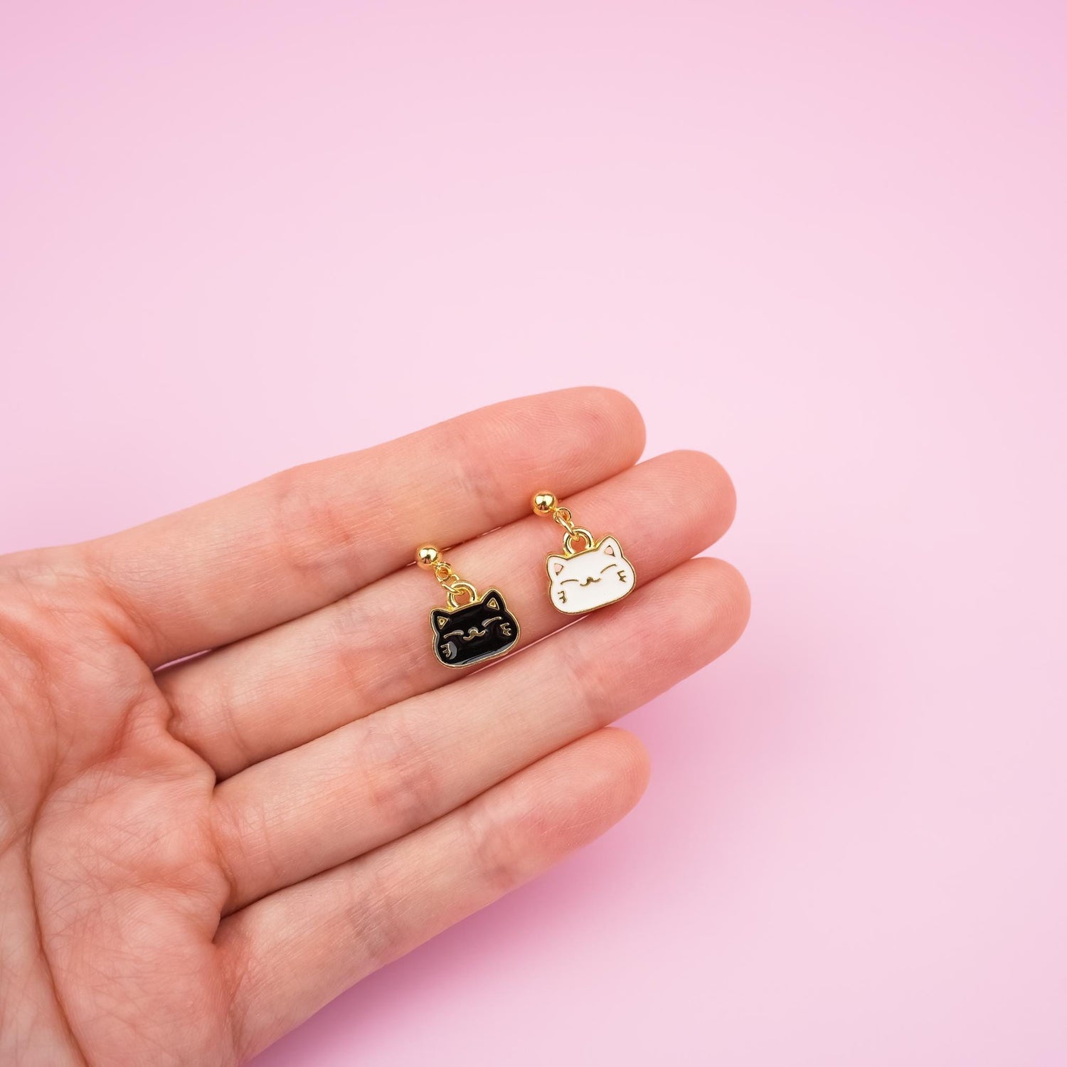 Tiny Black and White Cat Dangle Earrings