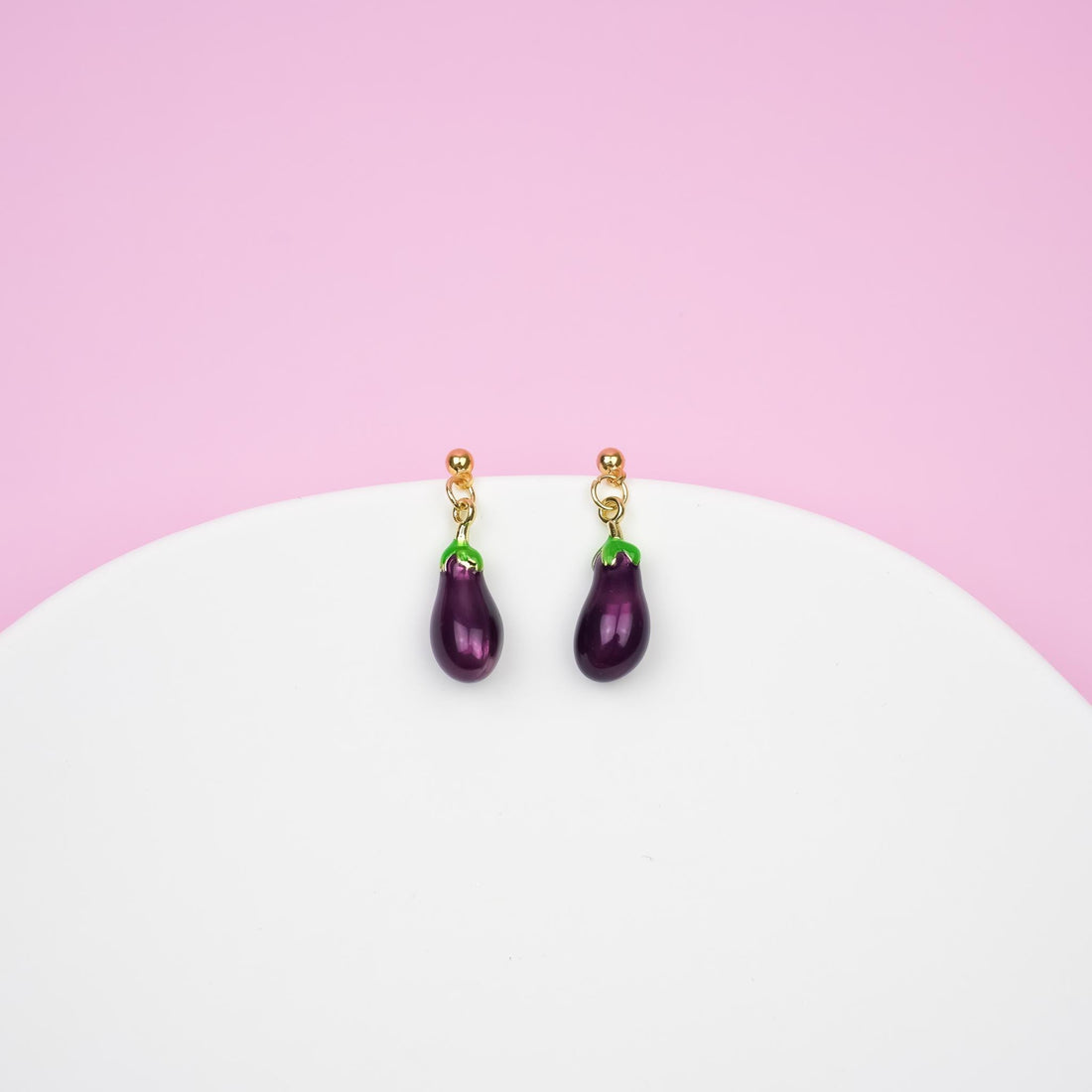 Eggplant Dangle Earrings | Gold Dainty Purple Eggplant Earrings | Miniature Food Dangly | Aubergine Vegetable Jewelry | Vegan&