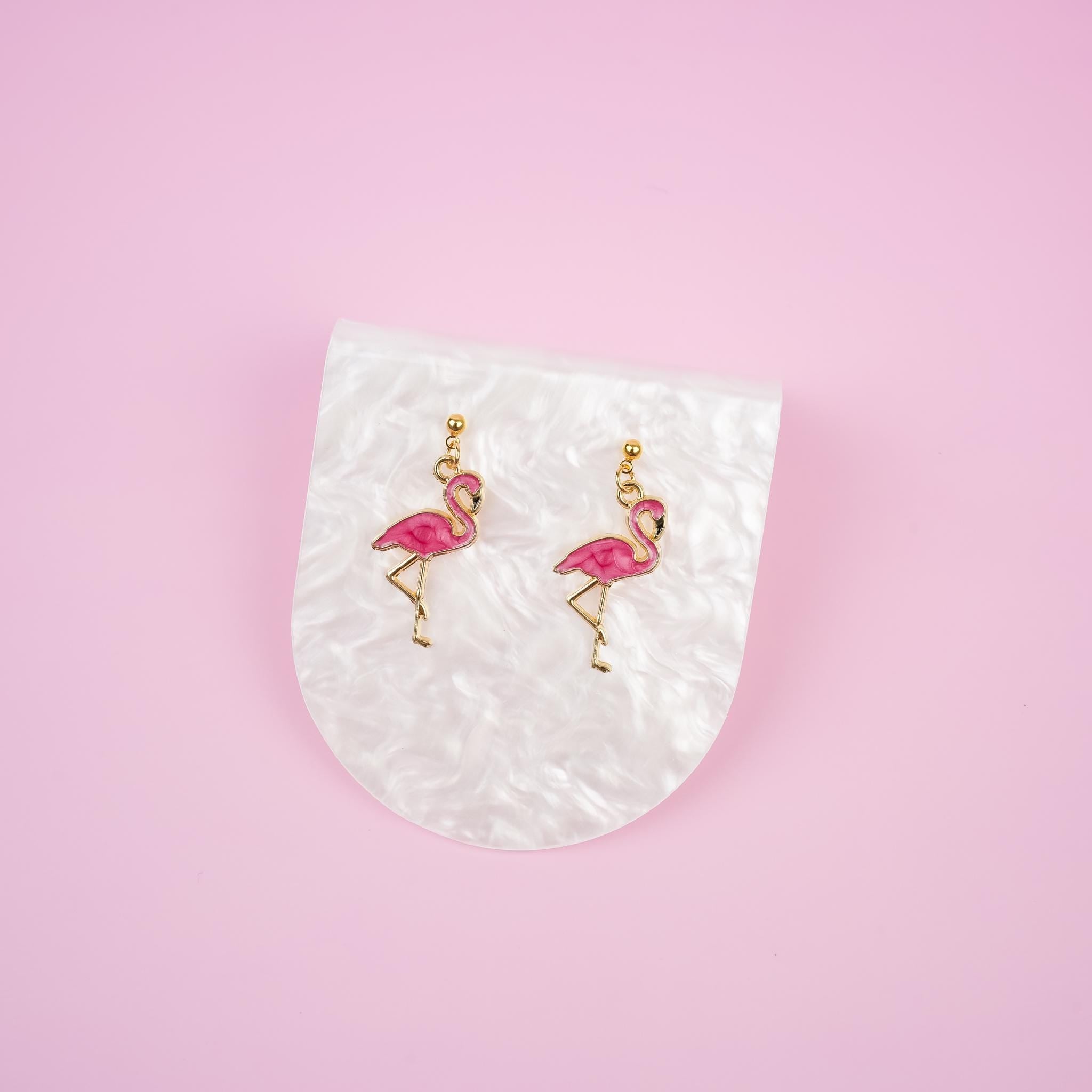 Pink Flamingo Dangle Earrings | Nature Inspired Animal Earrings | Tropical Bird Dangly | Boho Chic Drop Earrings | 18k Gold Jewelry