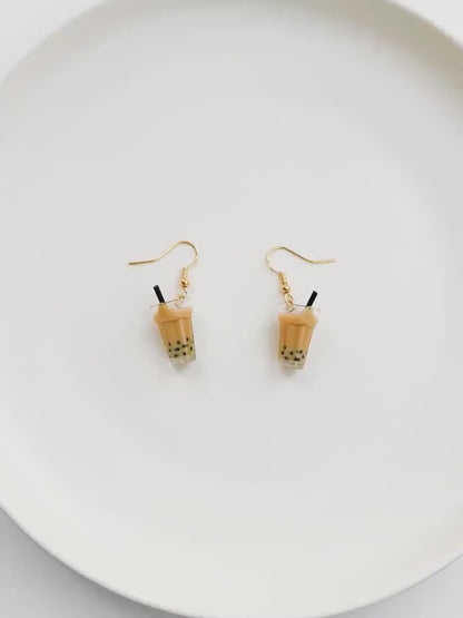 Bubble Tea Dangle Earrings | Miniature Boba Milk Tea Jewelry | 18k Gold Dangle Earrings | Miniature Food Earrings | Drink Earrings